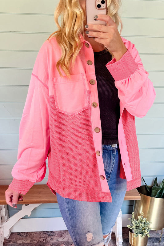 Peach Blossom Waffle Knit Buttoned Loose Shacket