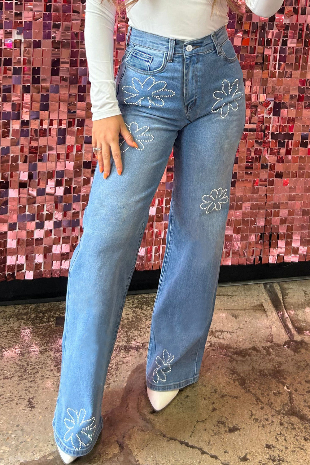 Floral Rhinestone Decor High Rise Wide Leg Jeans