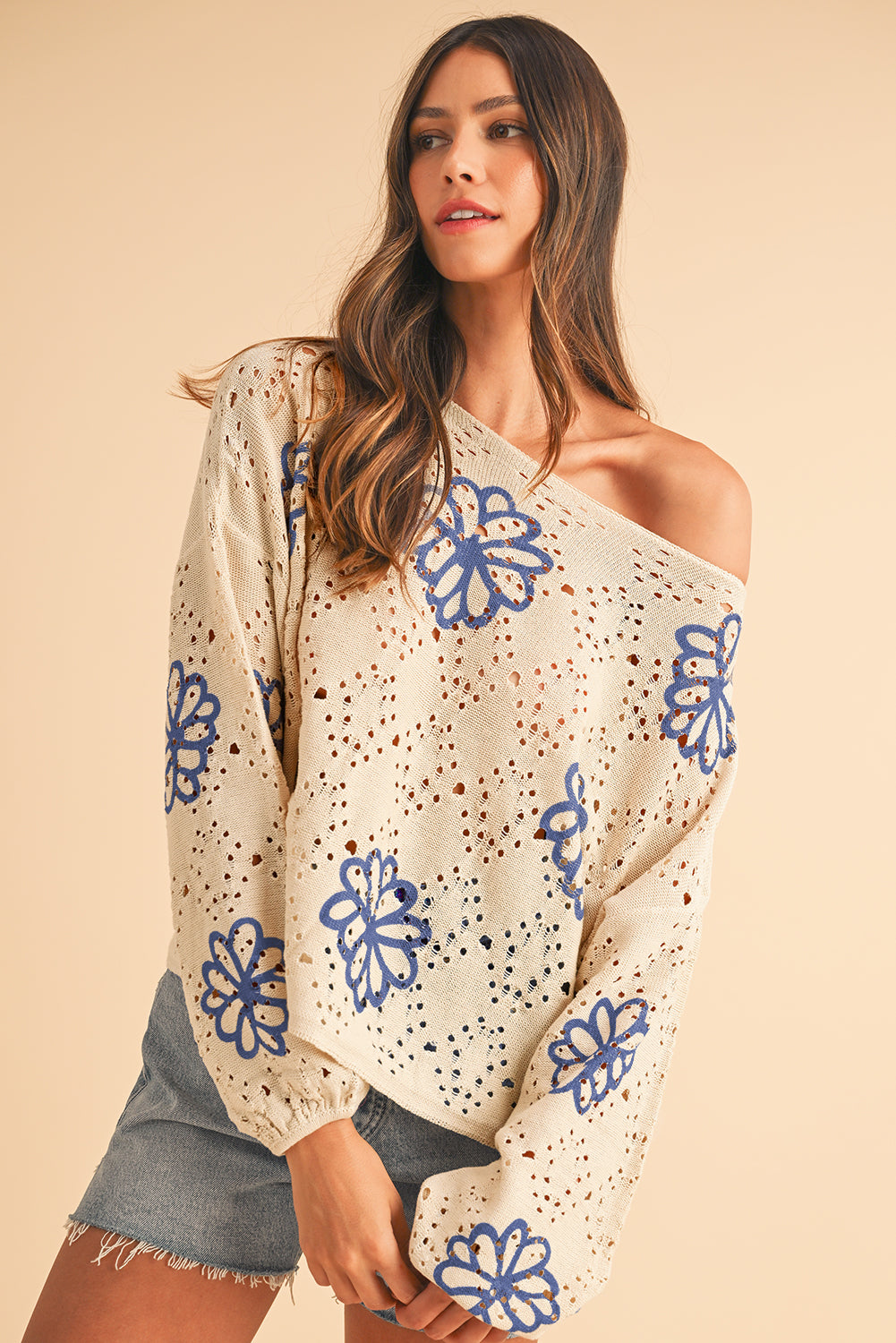 Flower Print Drop Shoulder Hollow Knit Sweater