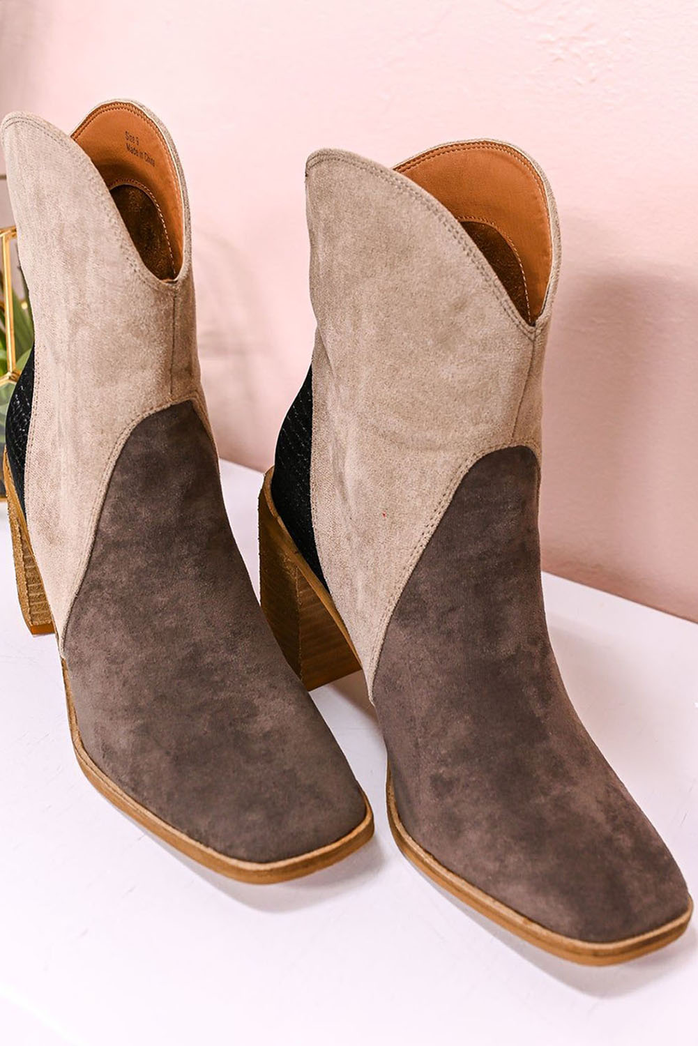 Chestnut Colorblock Suede Heeled Ankle Booties