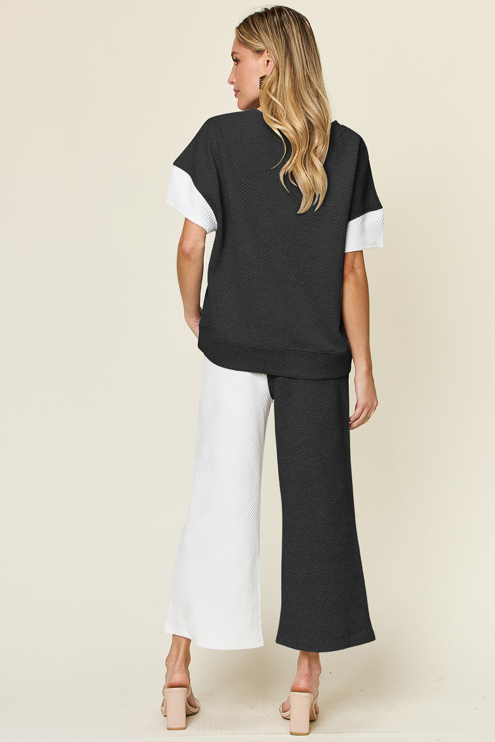 black and white Double Take Full Size Texture Contrast T-Shirt and Wide Leg Pants Set