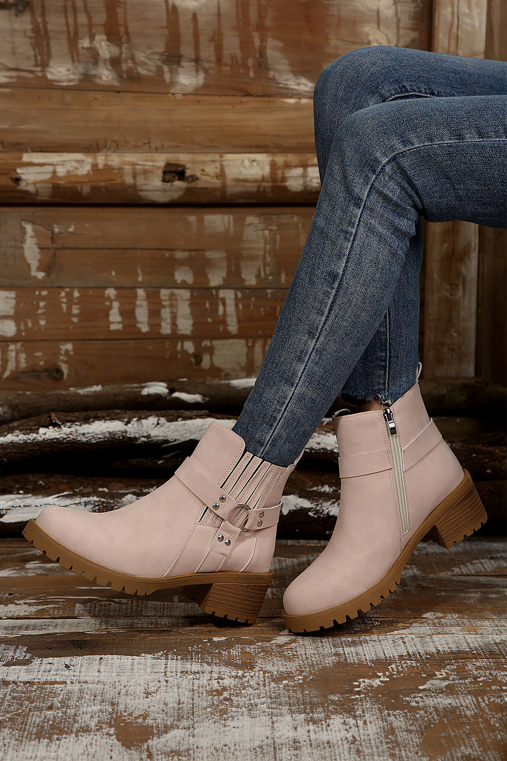 Beige Ring Linked Zipper Chunky Heel Ankle Boots