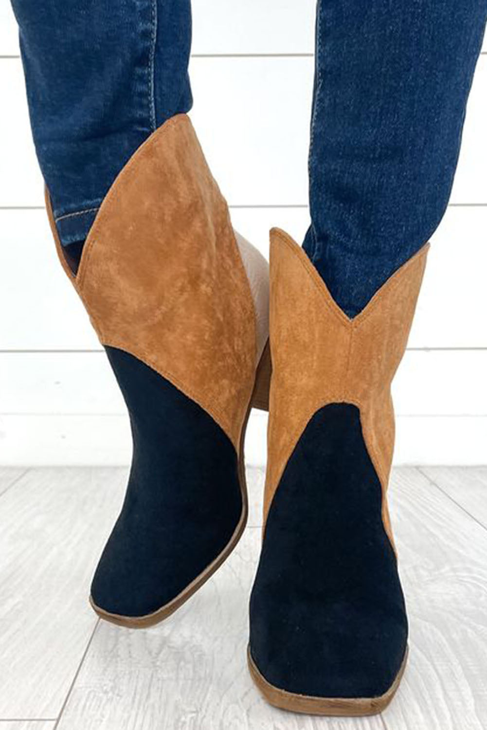 Chestnut Colorblock Suede Heeled Ankle Booties