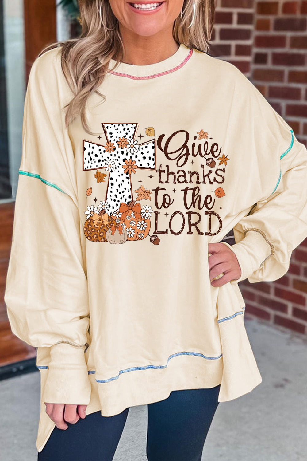 "Give Thanks to the LORD" Graphic High Low Hem Loose Sweatshirt