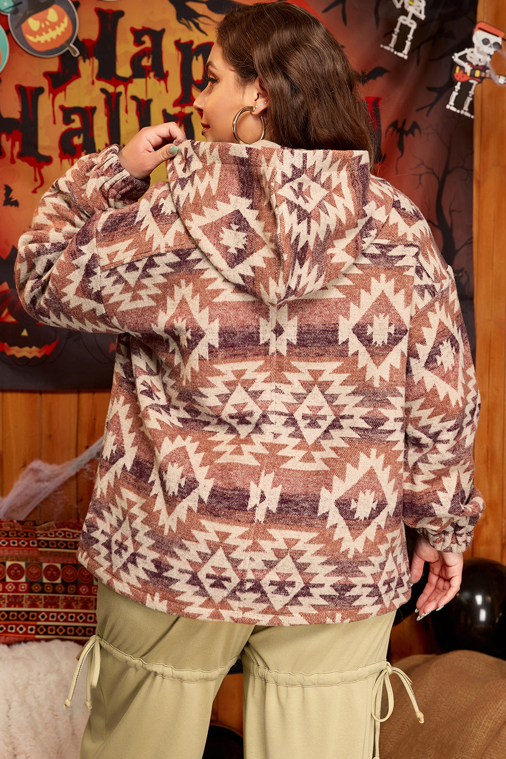 Western Fashion Aztec Patterned Half Zip High Neck Hoodie