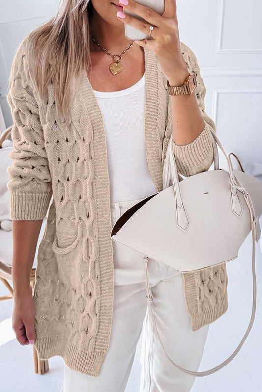 Cable Knit Eyelet Side Pockets Baggy Cardigan