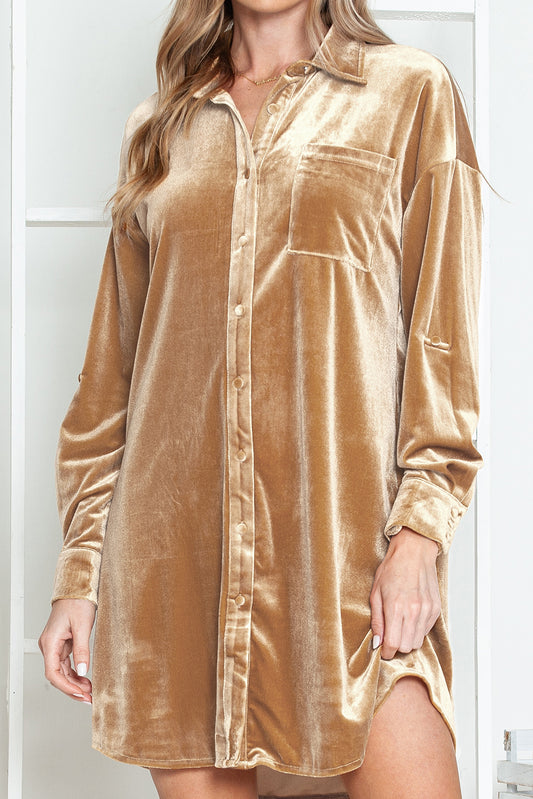 Flaxen Velvet Button Front Shirt Mini Dress