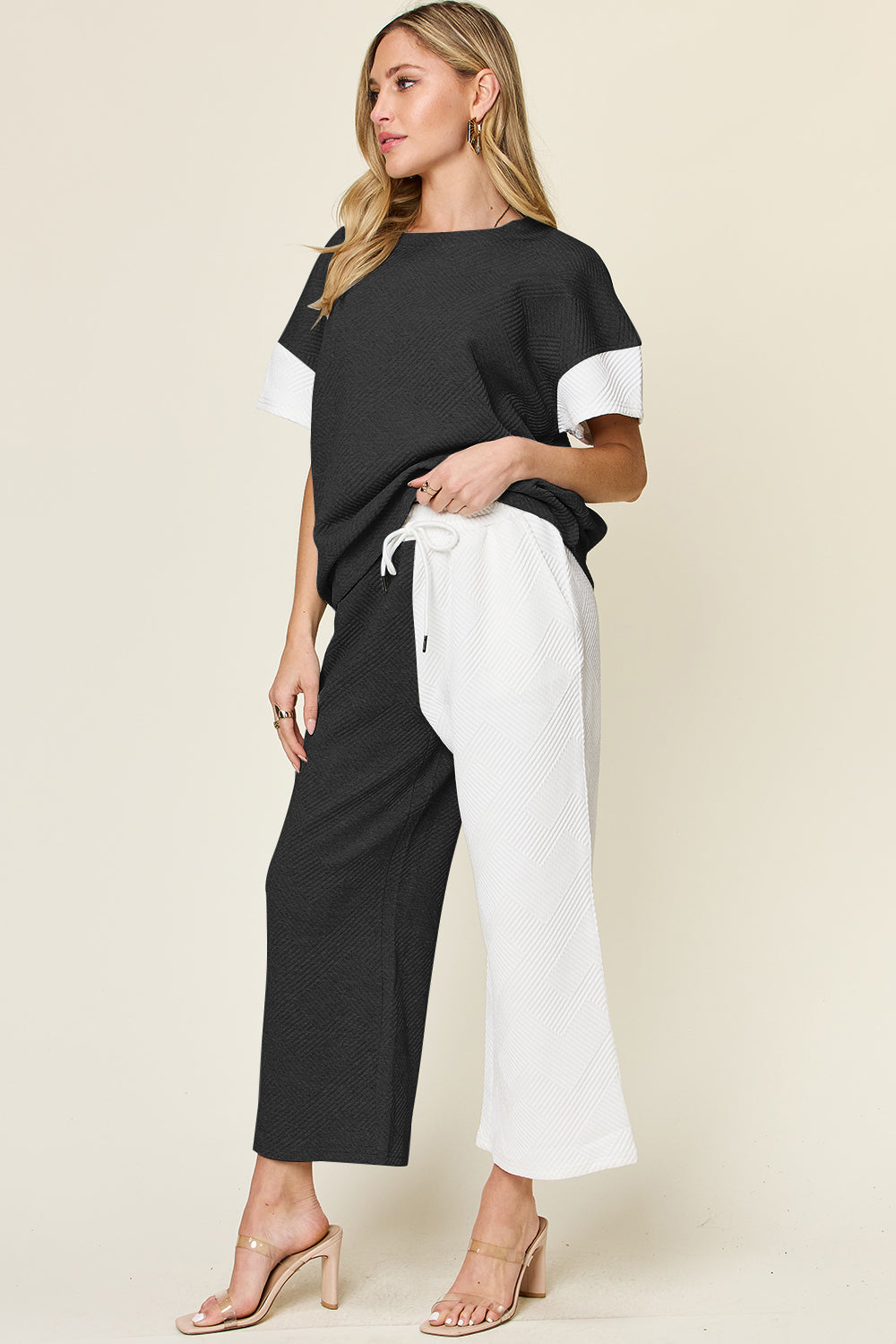 black and white Double Take Full Size Texture Contrast T-Shirt and Wide Leg Pants Set