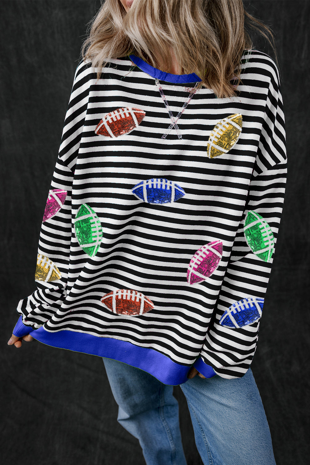 Black Stripe Sequin Football Pullover Sweatshirt