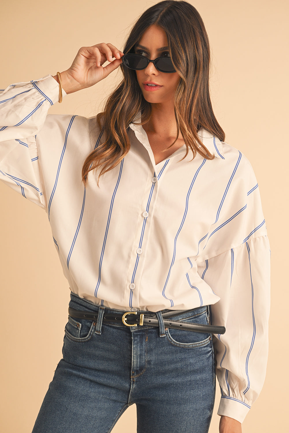 Sky Blue Stripe Drop Shoulder Bubble Sleeve Loose Shirt