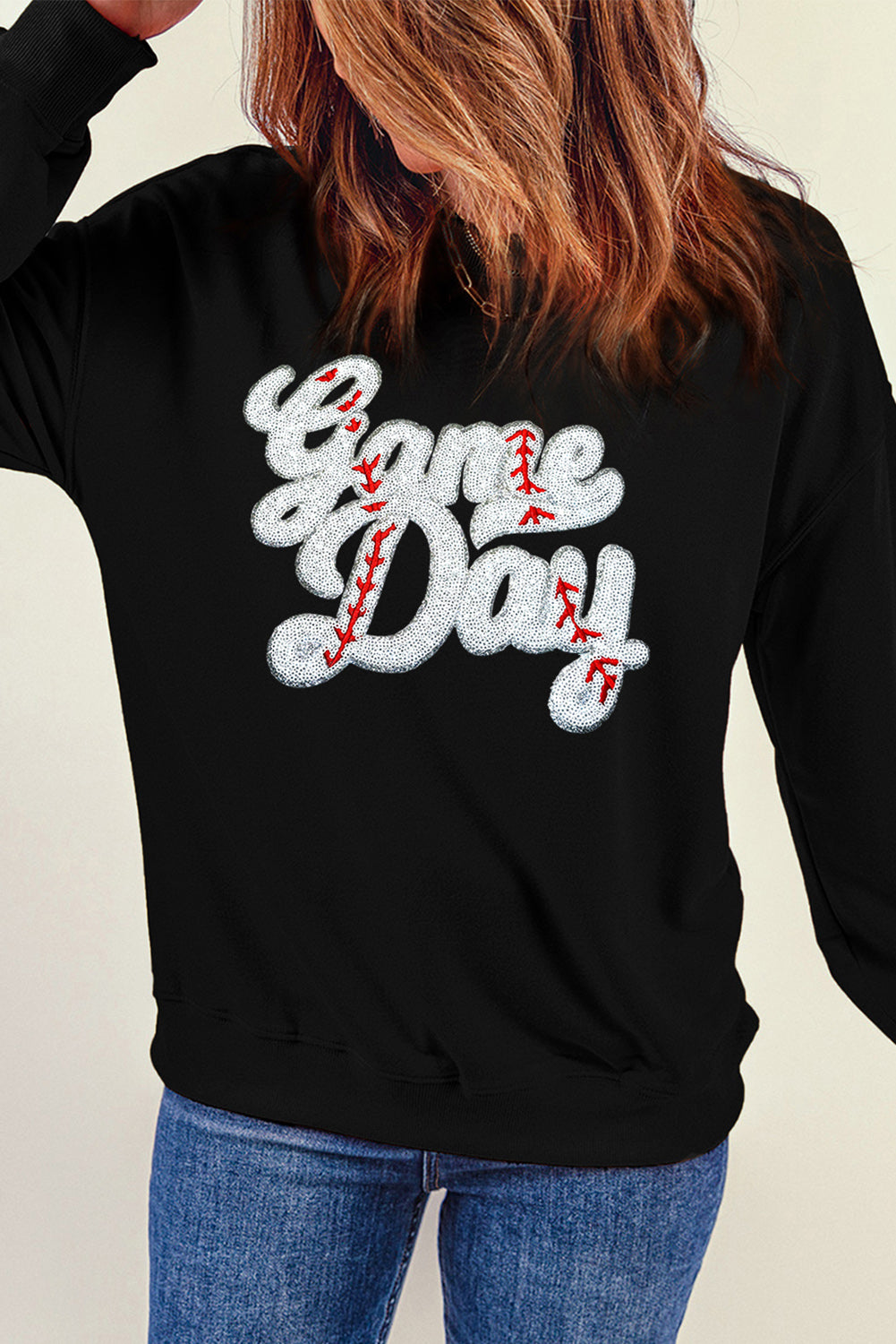 Black Game Day Baseball Graphic Crew Neck Sweatshirt