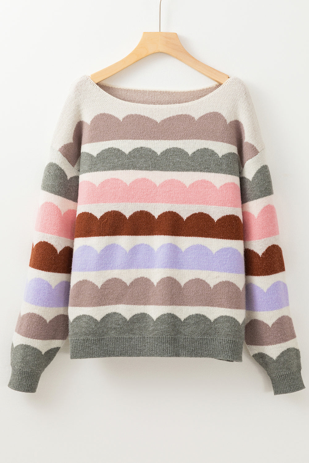 Gray Wave Striped Balloon Sleeve Drop Shoulder Sweater