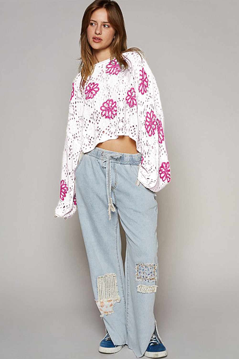 Flower Print Drop Shoulder Hollow Knit Sweater