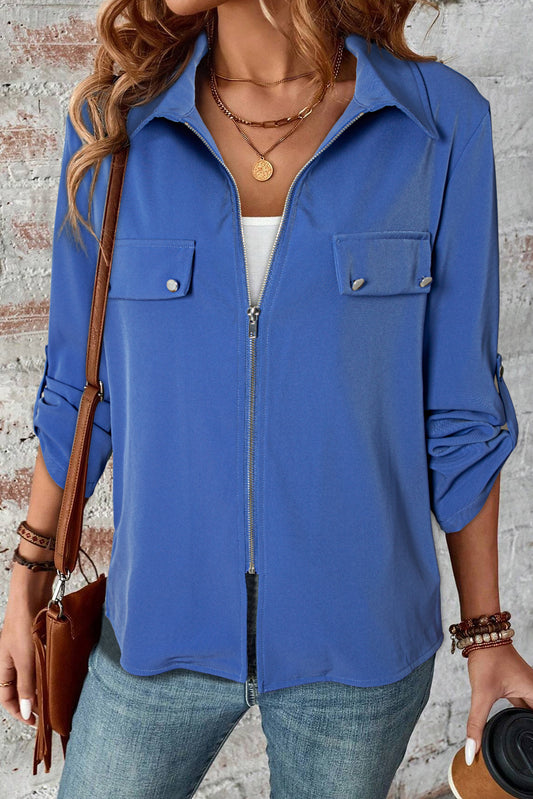 Dusk Blue-Collar Zip Up Jacket