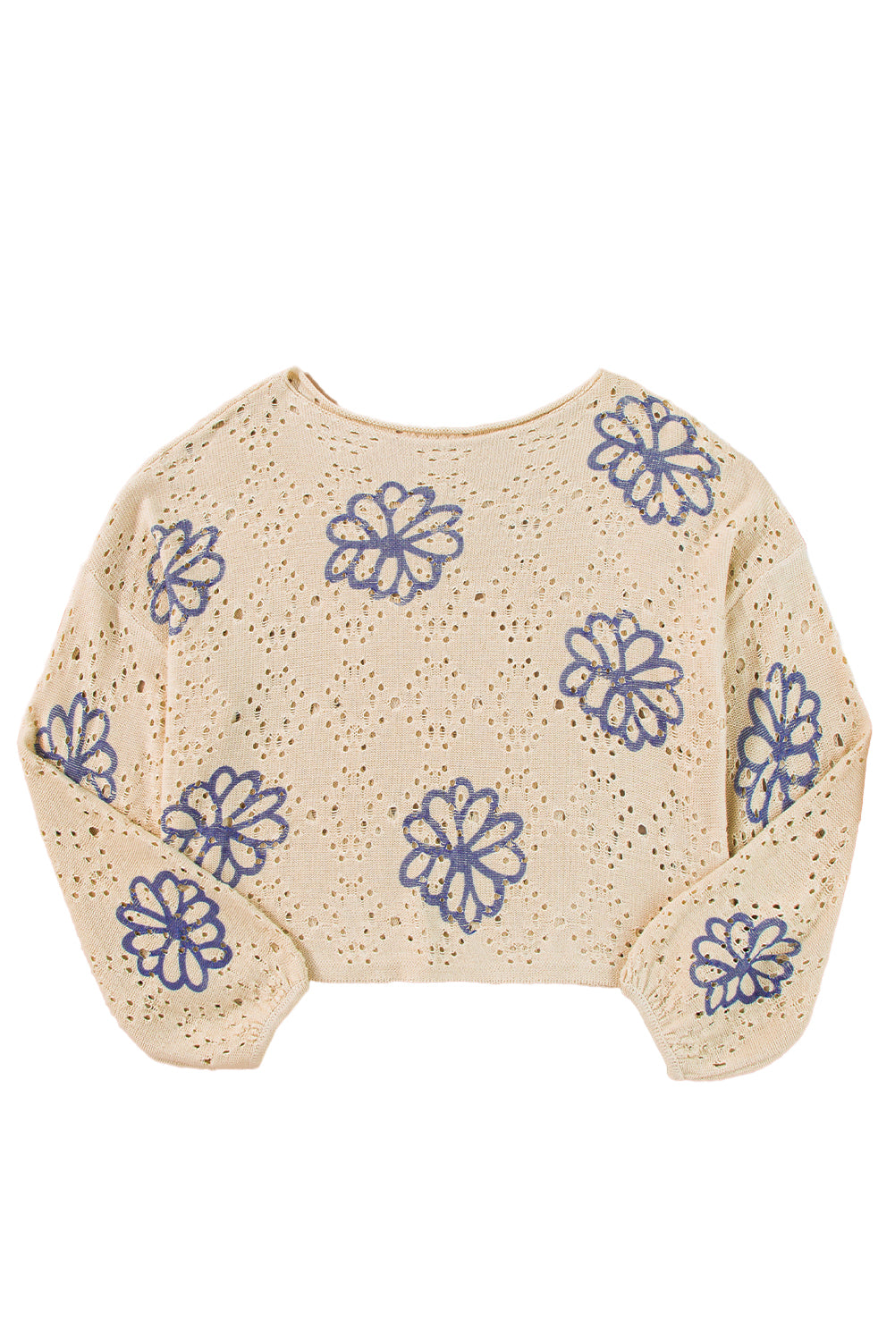 Flower Print Drop Shoulder Hollow Knit Sweater