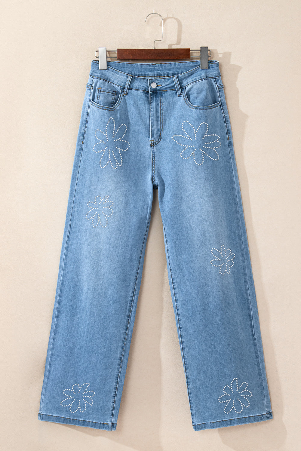 Floral Rhinestone Decor High Rise Wide Leg Jeans