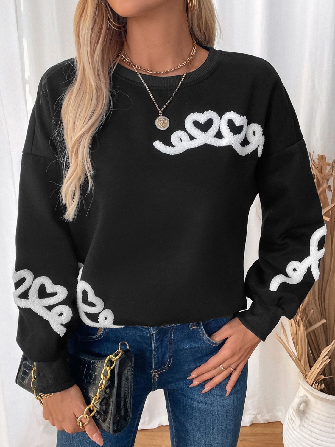 Heart Round Neck Long Sleeve Sweater