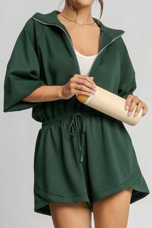 Blackish Green Solid Zip-up Drawstring Romper