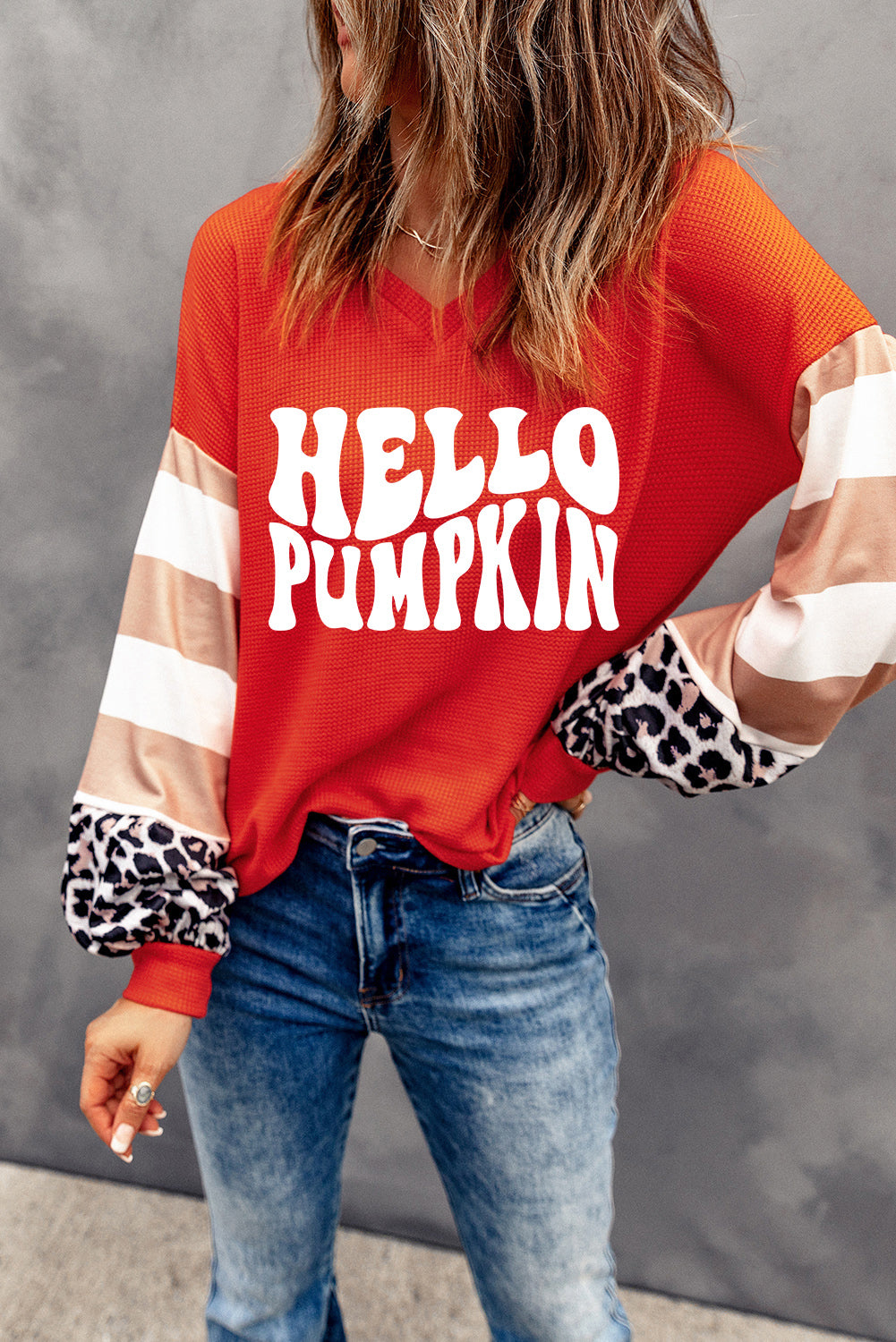 "Hello Pumpkin" Graphic Leopard Striped Colorblock Top