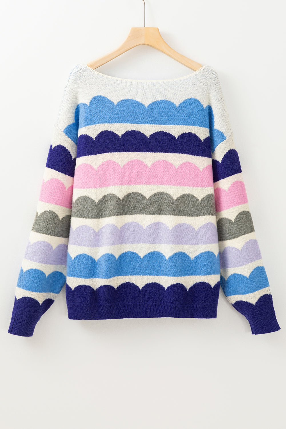 Gray Wave Striped Balloon Sleeve Drop Shoulder Sweater