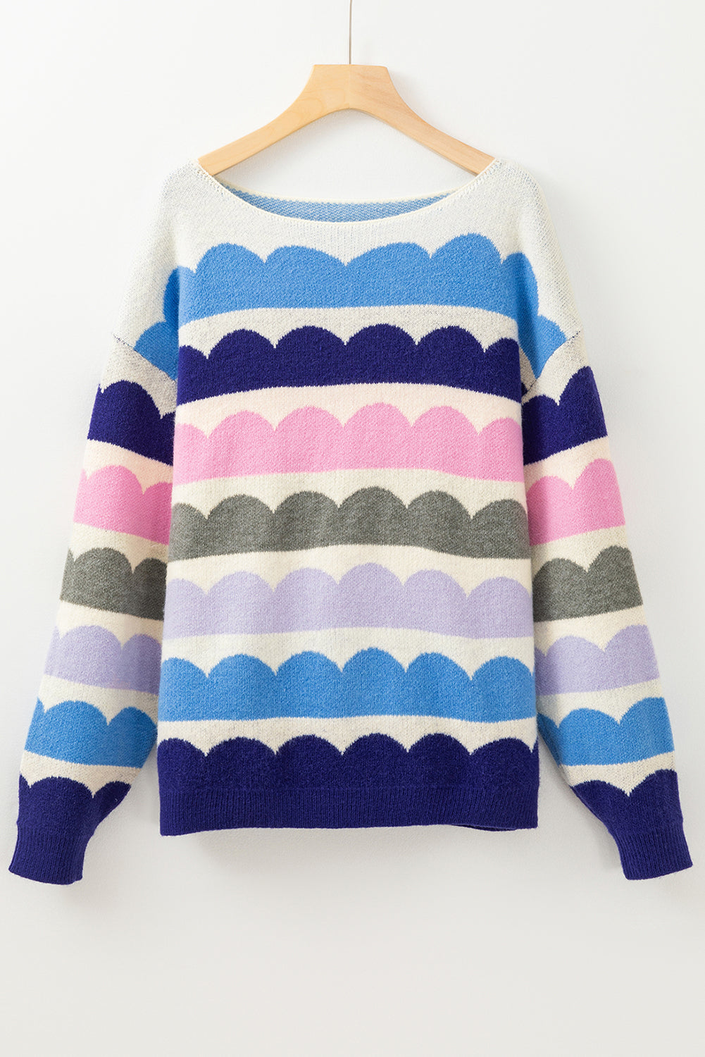 Gray Wave Striped Balloon Sleeve Drop Shoulder Sweater