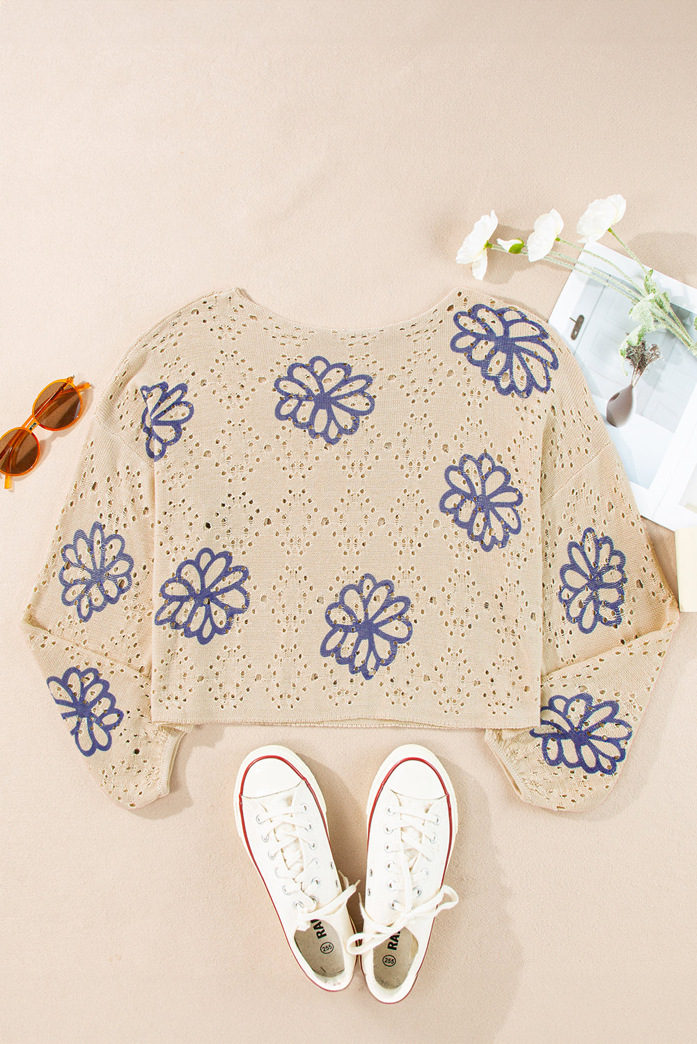 Flower Print Drop Shoulder Hollow Knit Sweater