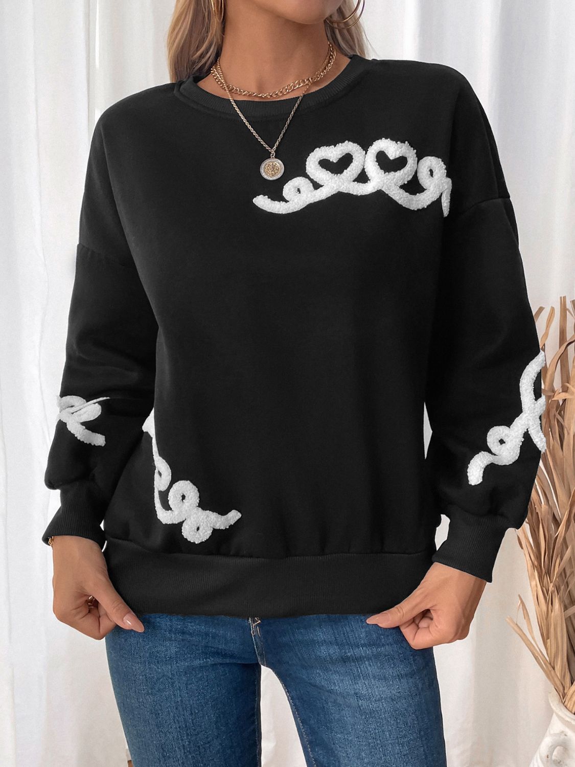 Heart Round Neck Long Sleeve Sweater