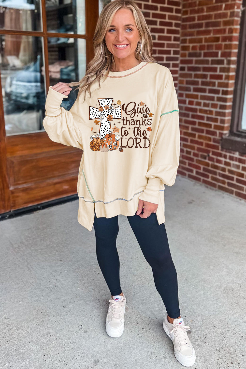 "Give Thanks to the LORD" Graphic High Low Hem Loose Sweatshirt