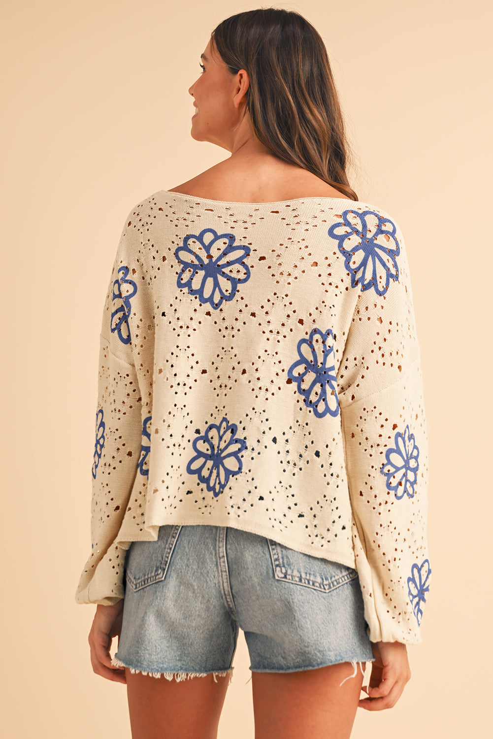 Flower Print Drop Shoulder Hollow Knit Sweater