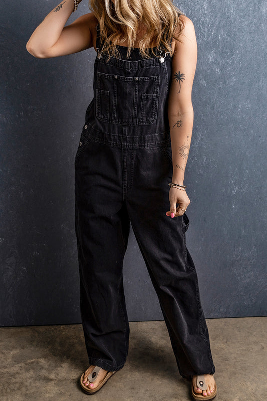 Wide-Leg Denim Overalls with Adjustable Buckle Straps and Bib Pocket