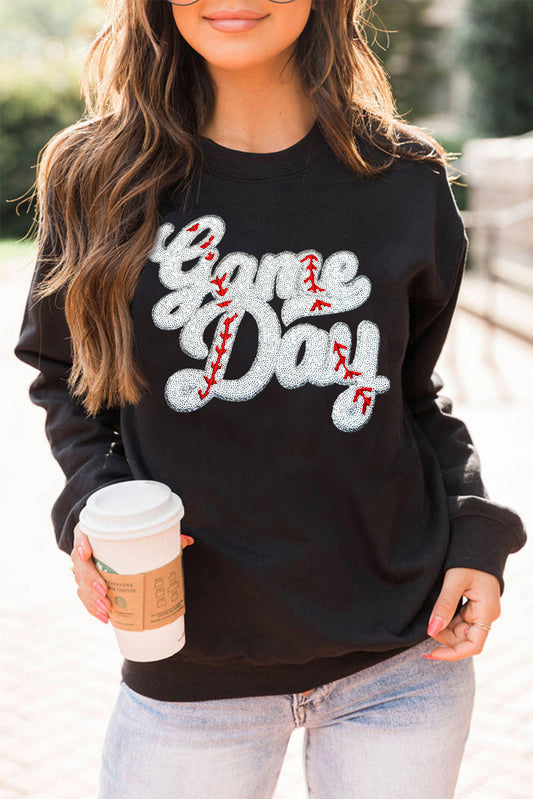 Black Game Day Baseball Graphic Crew Neck Sweatshirt