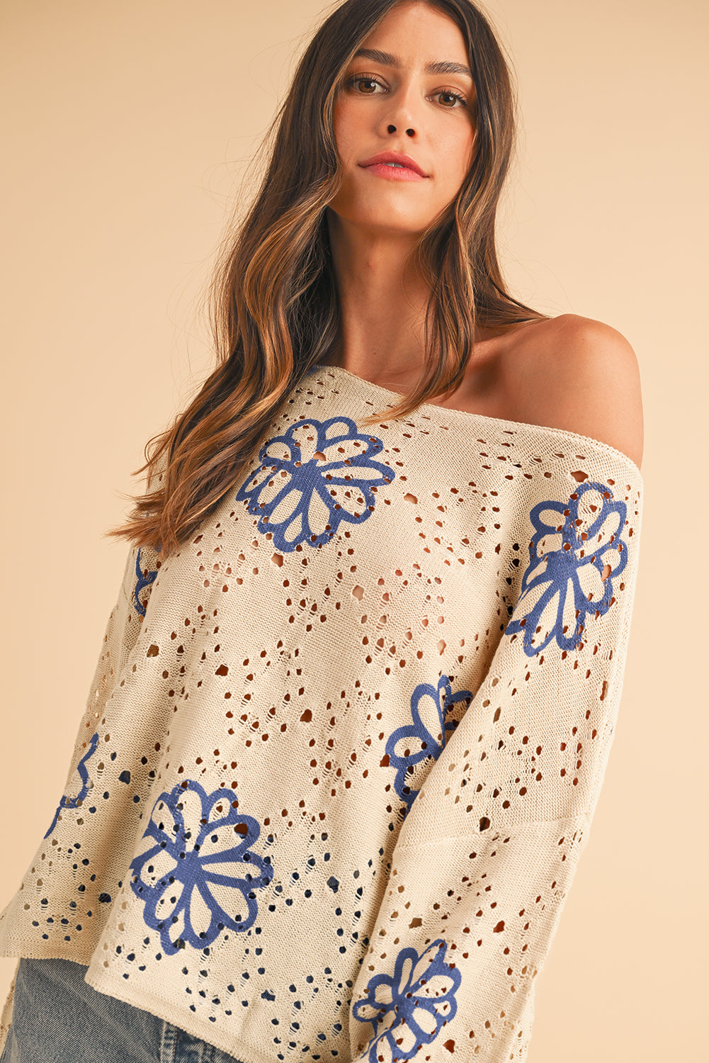 Flower Print Drop Shoulder Hollow Knit Sweater