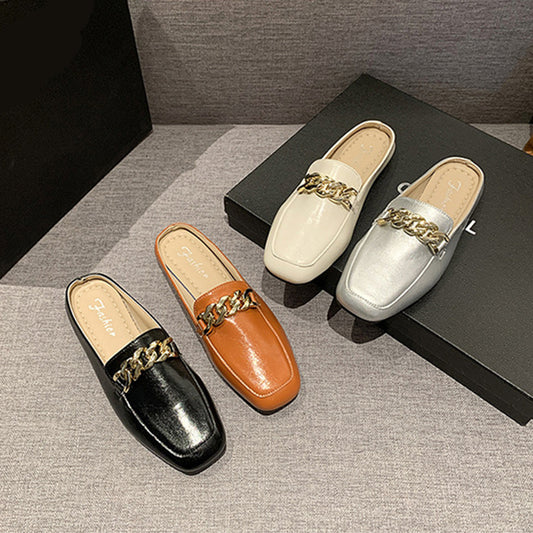 Faux Leather Square Toe Flat Loafers with Gold Accents