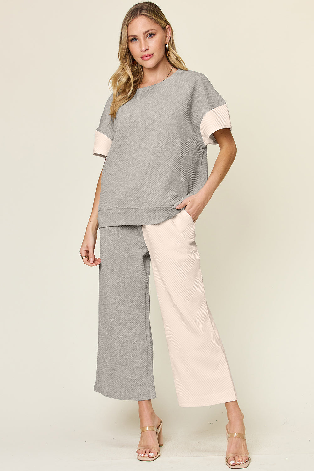 black and white Double Take Full Size Texture Contrast T-Shirt and Wide Leg Pants Set