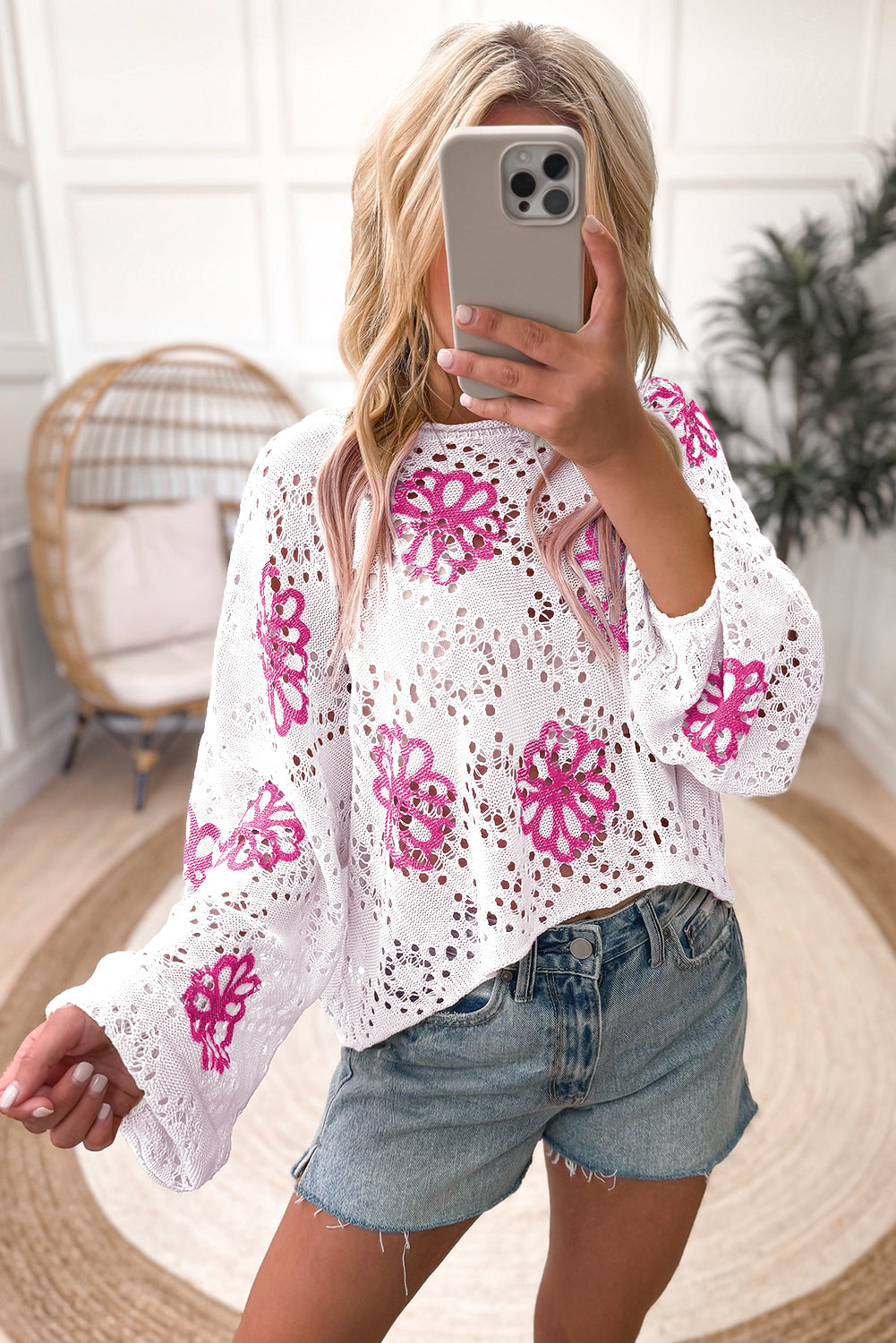 Flower Print Drop Shoulder Hollow Knit Sweater