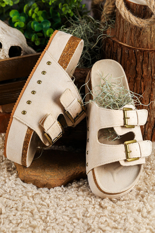 Suede Buckle Decor Corky Platform Slides