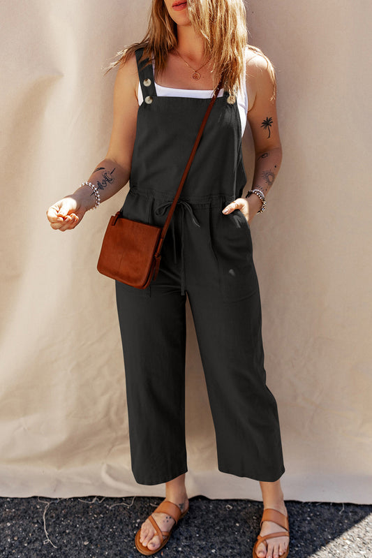 Trendy Cropped Overall with Adjustable Drawstring Waist and Buttoned Straps