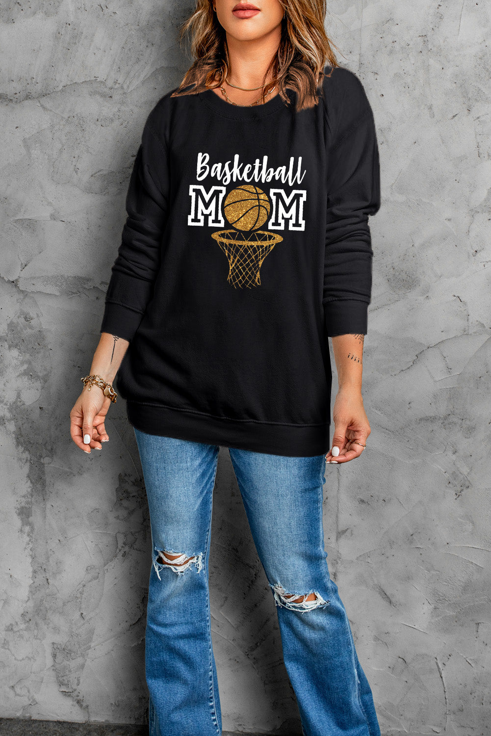 Basketball MOM Graphic Long Sleeve Round Neck Top