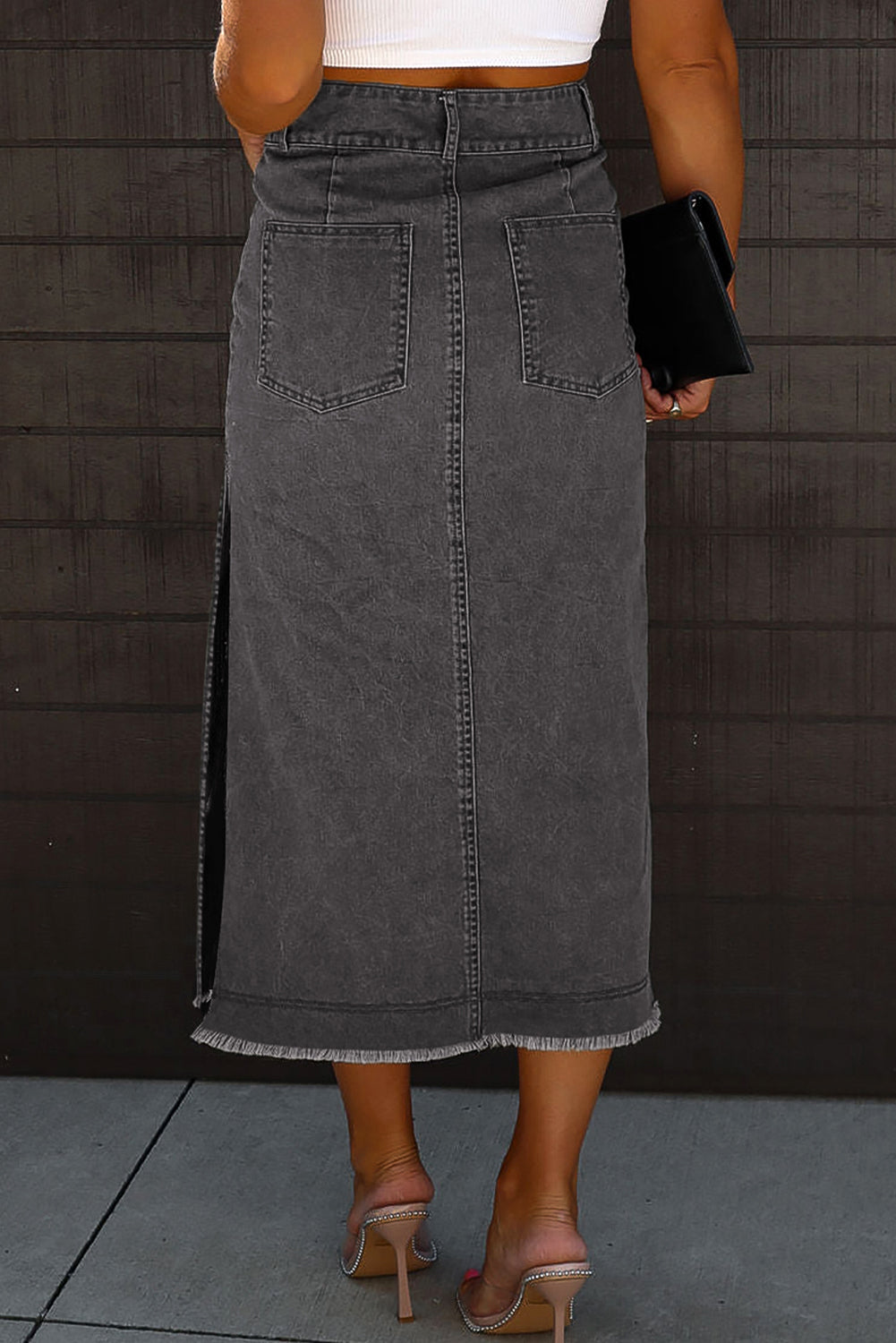 High Waist Raw Hem Skirt with Metal Buttons and Side Slits