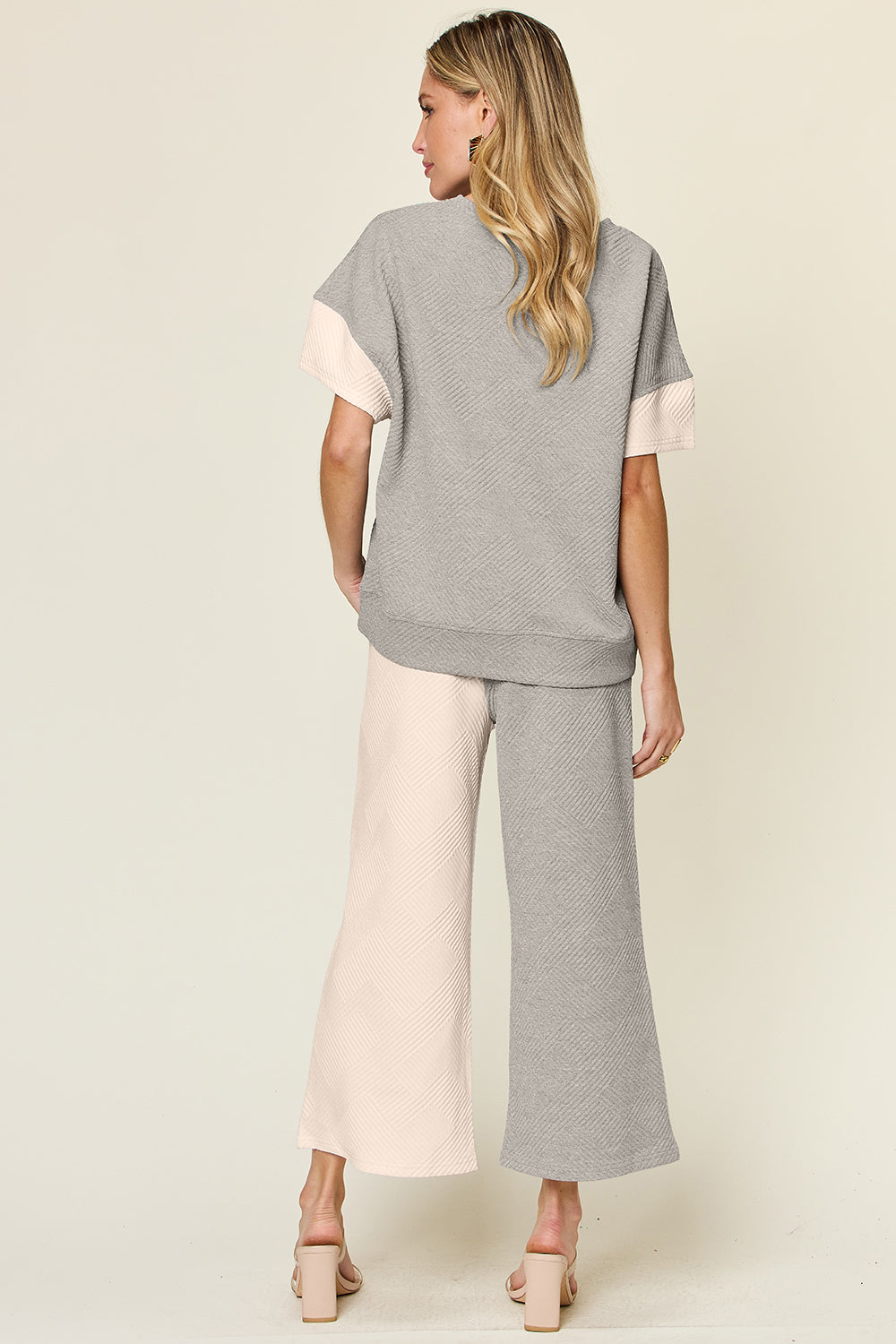 black and white Double Take Full Size Texture Contrast T-Shirt and Wide Leg Pants Set