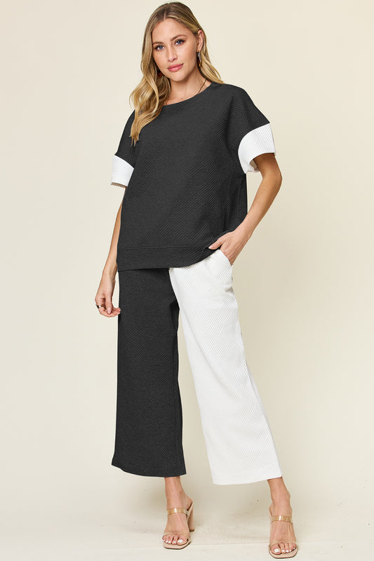 black and white Double Take Full Size Texture Contrast T-Shirt and Wide Leg Pants Set