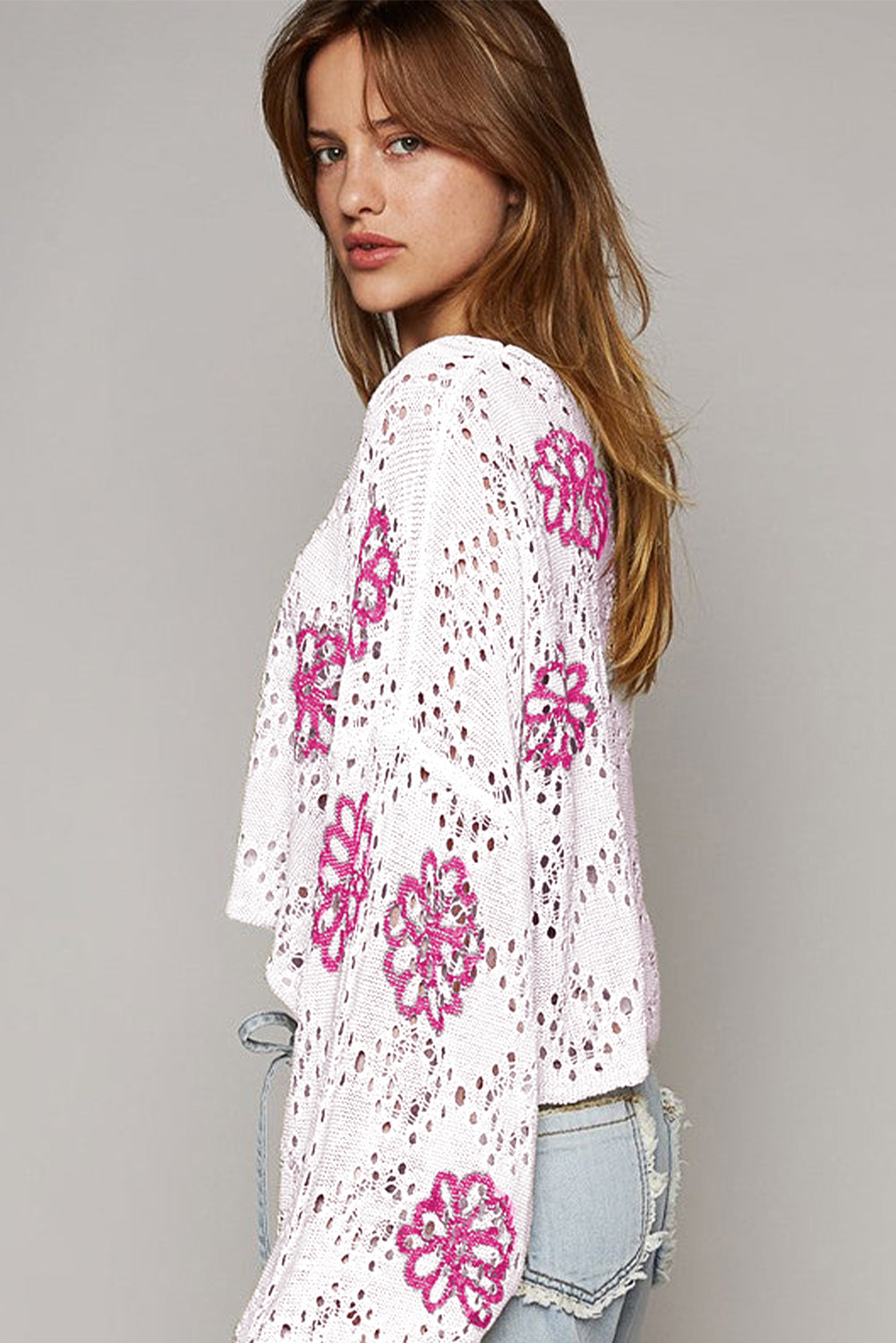 Flower Print Drop Shoulder Hollow Knit Sweater