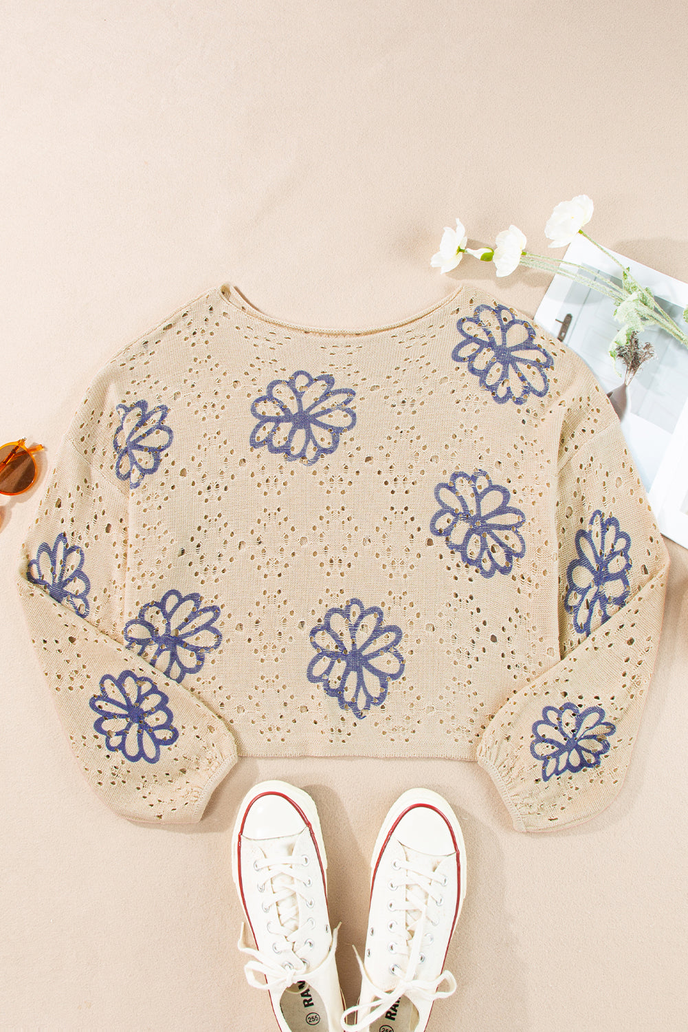 Flower Print Drop Shoulder Hollow Knit Sweater