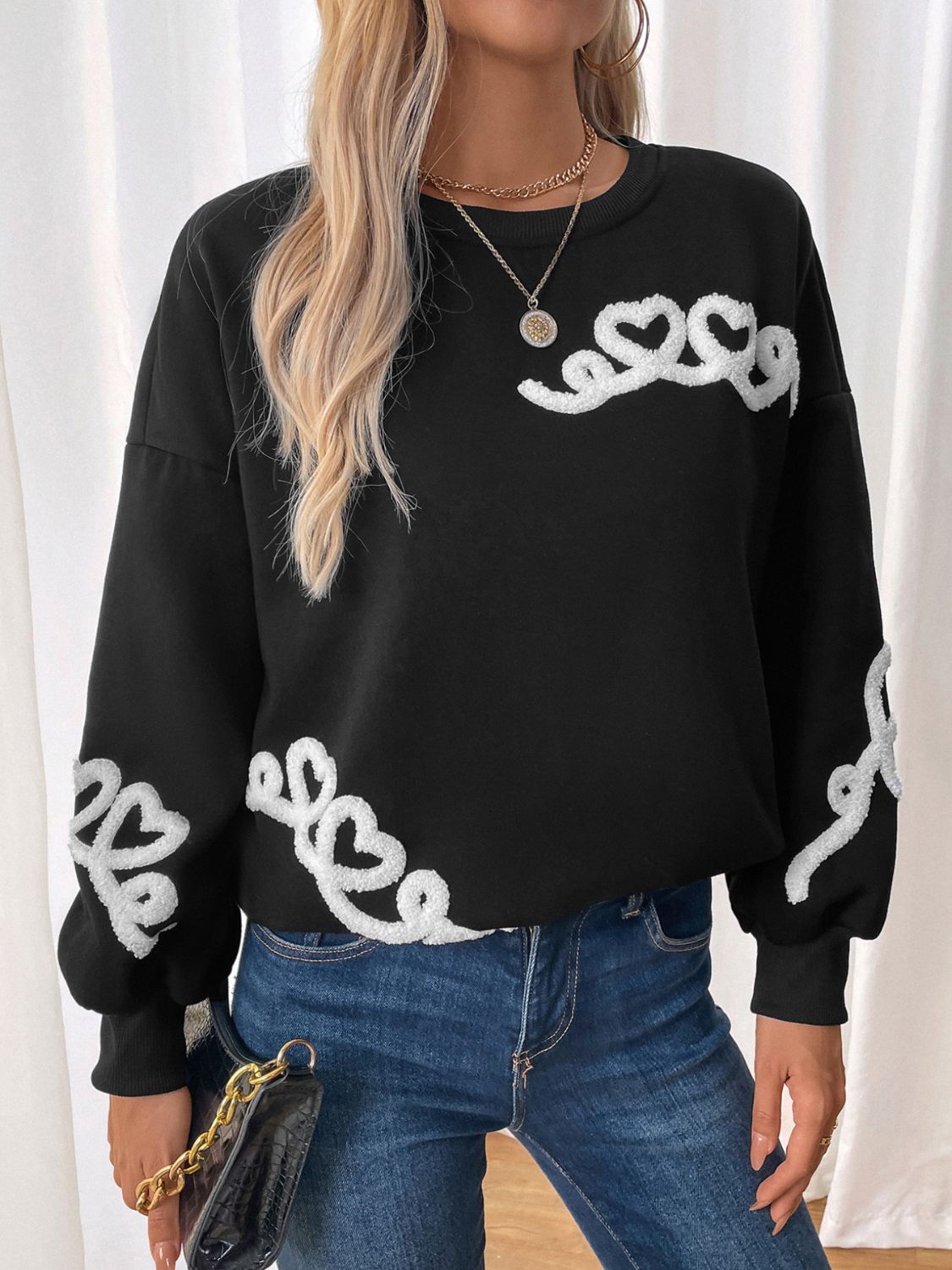 Heart Round Neck Long Sleeve Sweater