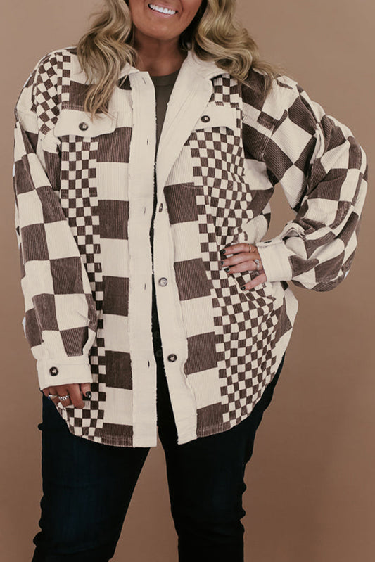 PLUS SIZE- Color Block Checkered Corduroy Shacket