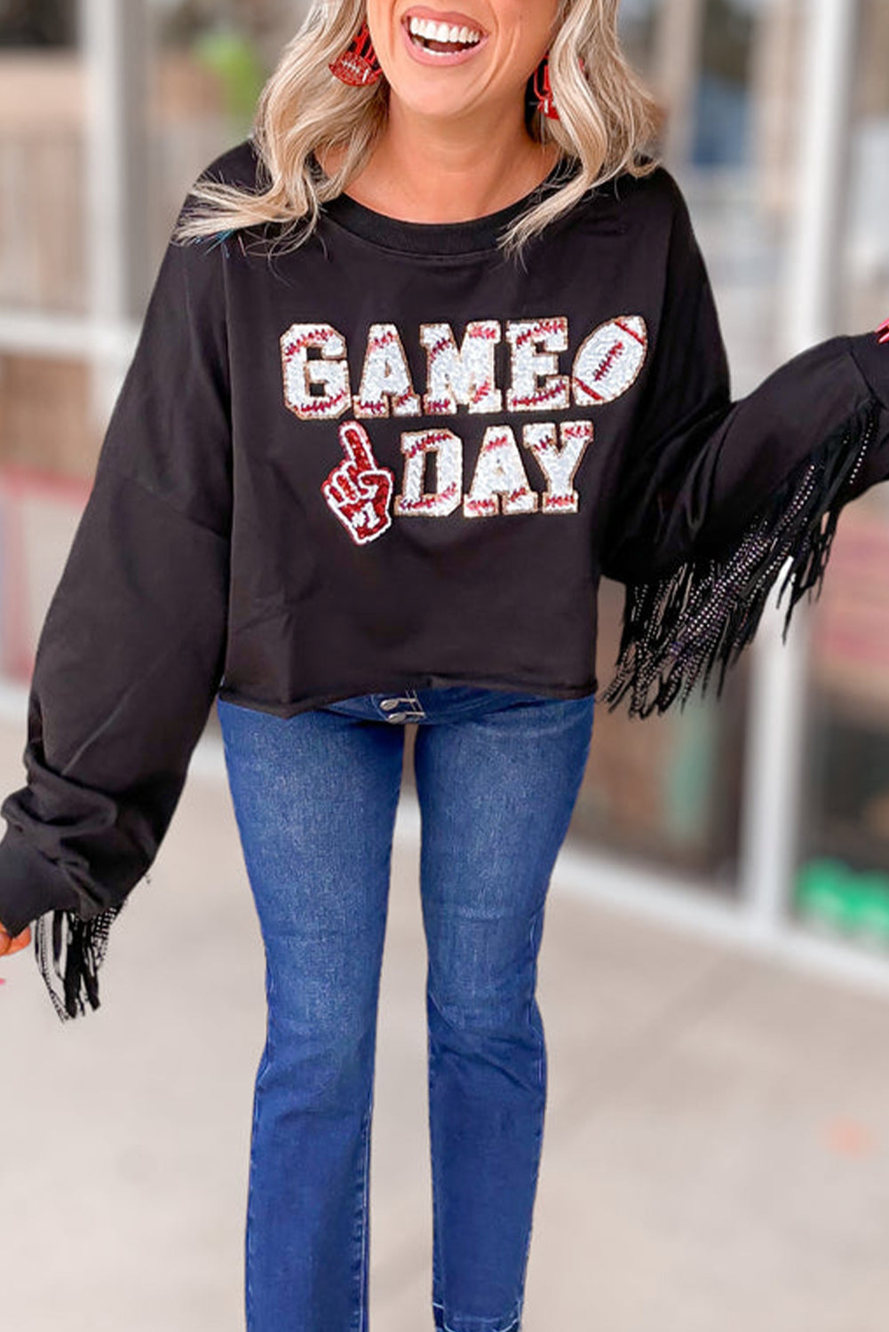 "GAME DAY" Cropped Sweatshirt with Sequins & Tassels