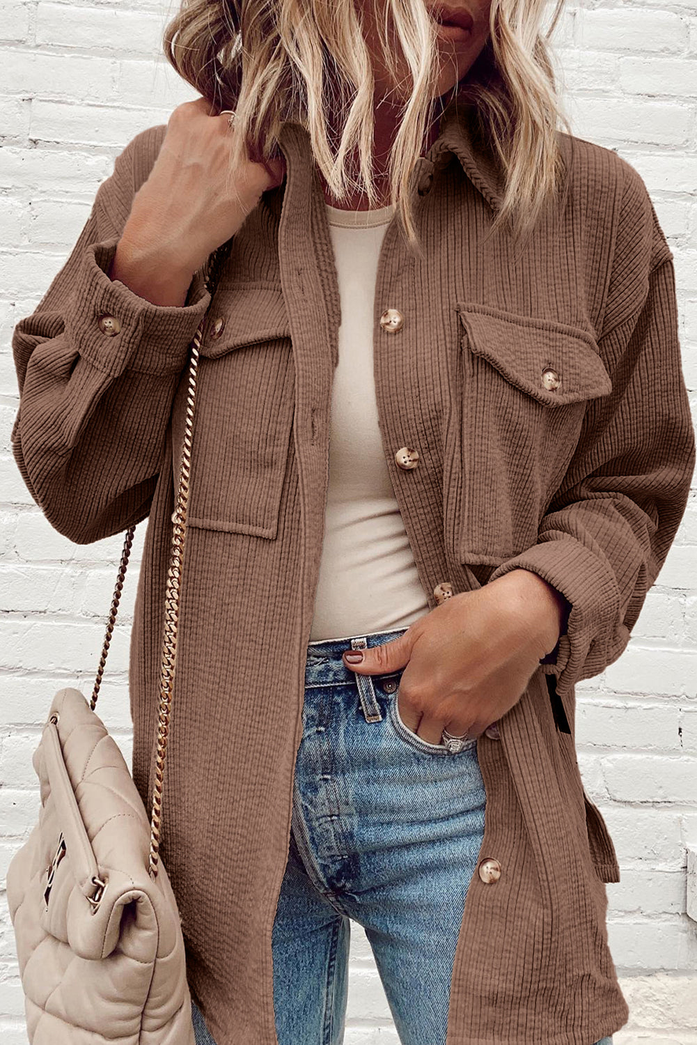 Light Pink Corduroy Flap Pocket Button Up Shacket