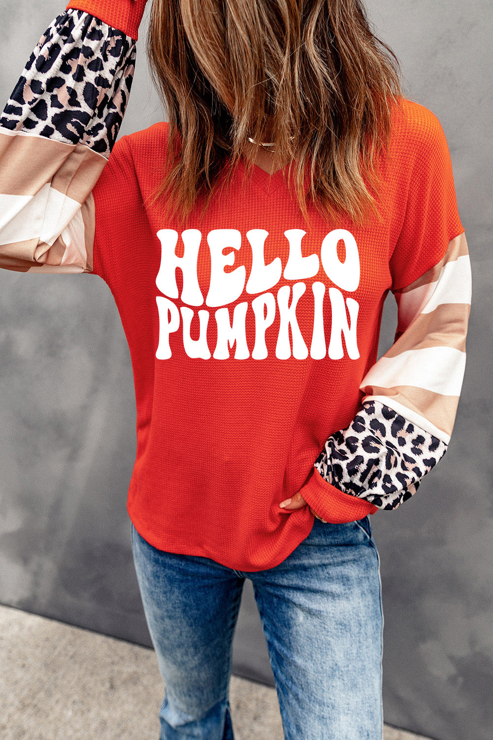 "Hello Pumpkin" Graphic Leopard Striped Colorblock Top