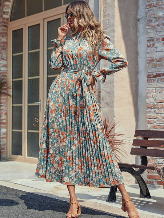 Tied Pleated Floral Printed Mock Neck Long Sleeve Dress