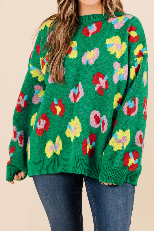 Floral Knitted Ribbed Edge Drop Shoulder Sweater